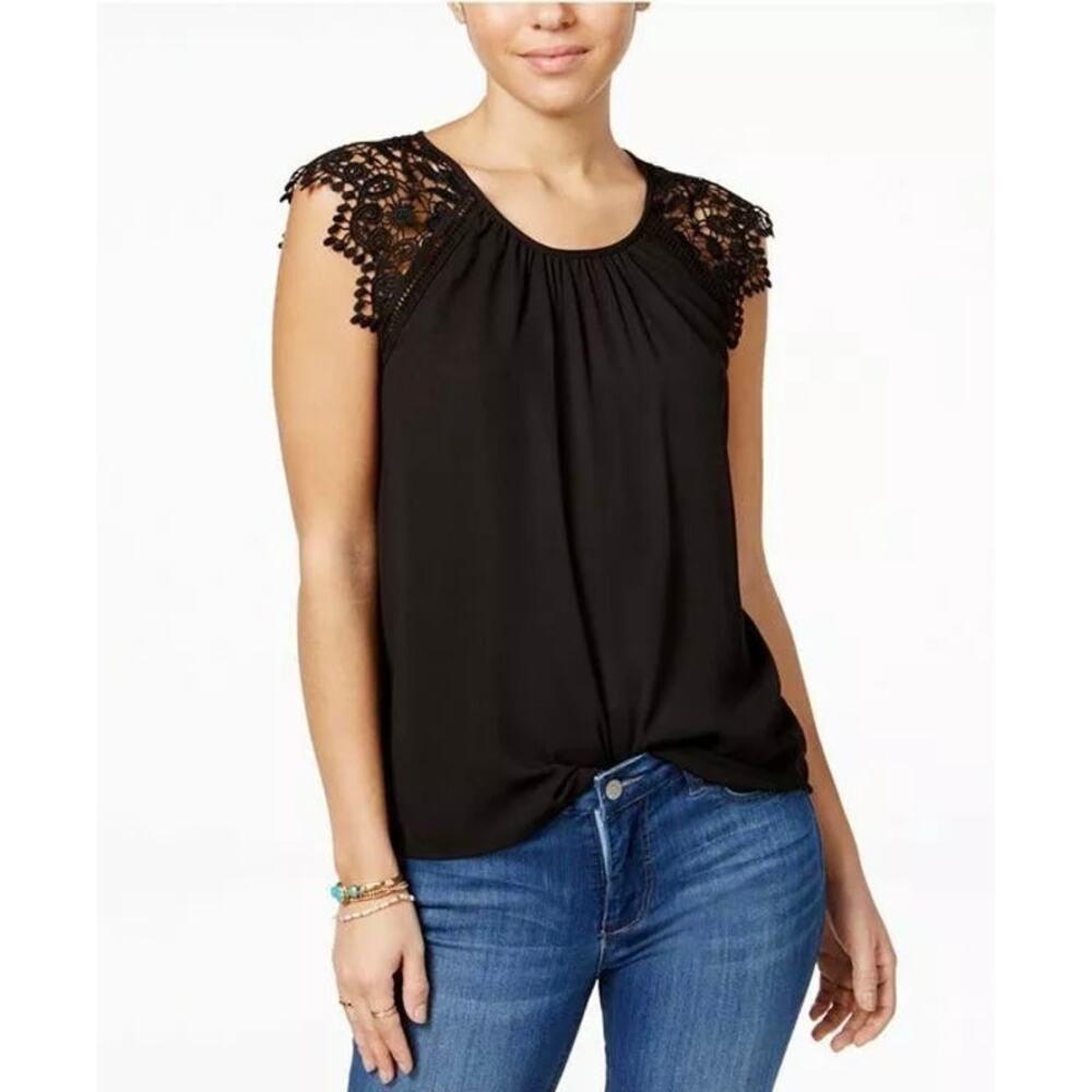 EUC Philosophy Republic Sleeveless Black Blouse XS Crochet Lace Cap Sleeve Top